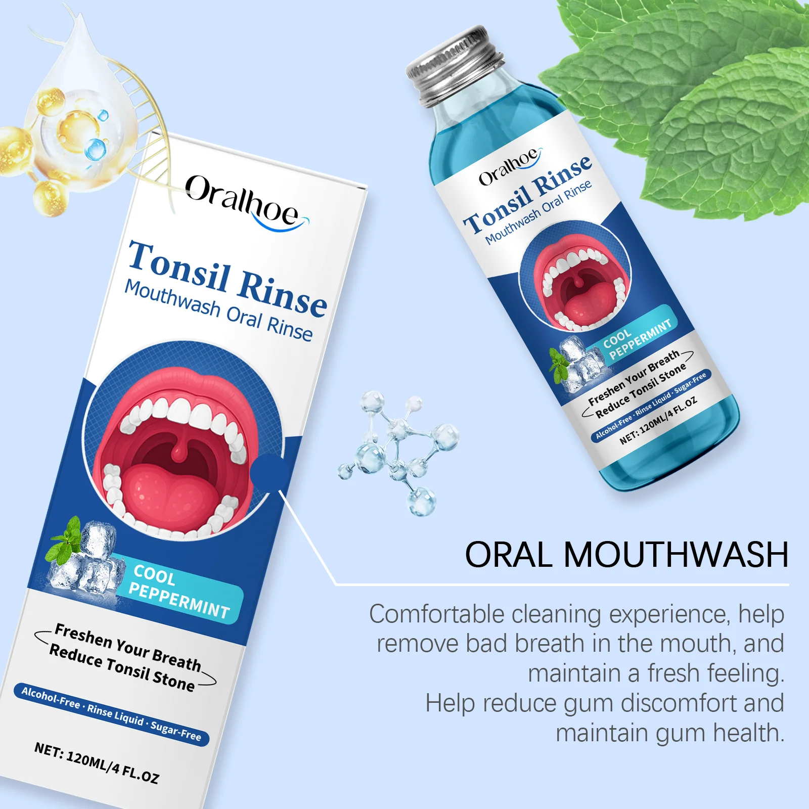 Oralhoe 120ml Peppermint Mouthwash Clear Food Residues Eliminate Odors Reduce Tonsil Stones Keep Breath Fresh Oral Care Liquid