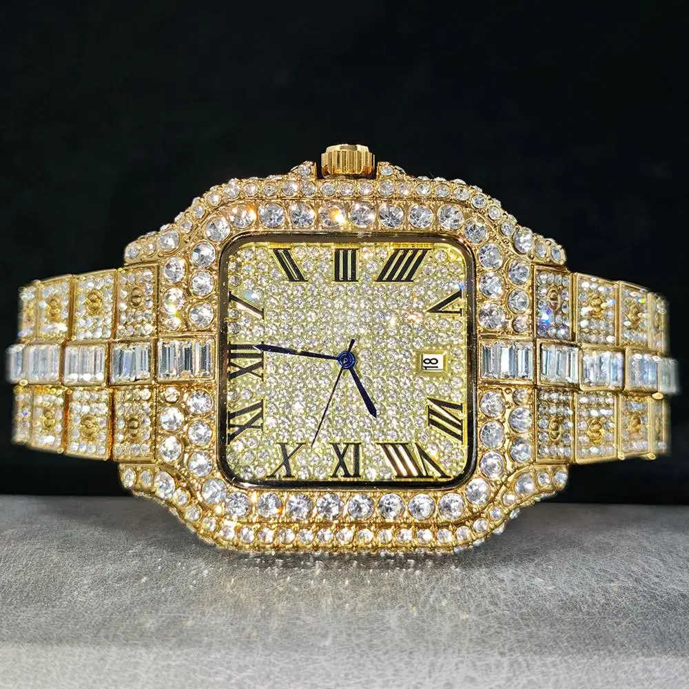 حار بيع مثلج ساعة للرجل موضة ساحة ساعة كوارتز الهيب هوب مستطيل الماس والمجوهرات ساعة معصم الرجال هدية Reloj Hombre
