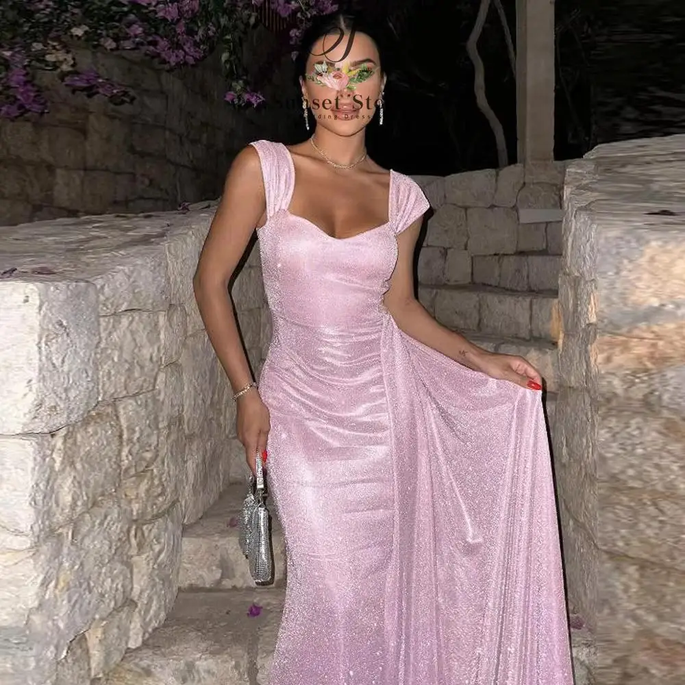 Customized Pink Evening Dress with Side Train Wide Strap Sweetheart Wedding Guest Gown Mermaid فساتين سهرة