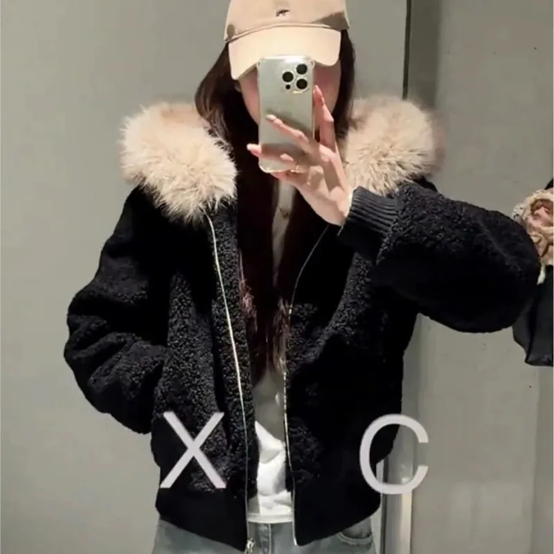 Women Solid Color Sherpa Fleece Jacket Short Padded Hooded Coat Versatile Fashionable Thick Outerwear