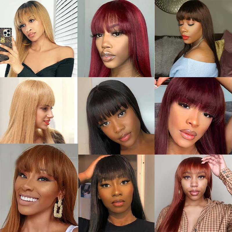 IJOY Brazilian Straight Human Hair Wigs With Bangs For Black Women Black Brown Non-Remy Hair Full Machine Made Human Hair Wig