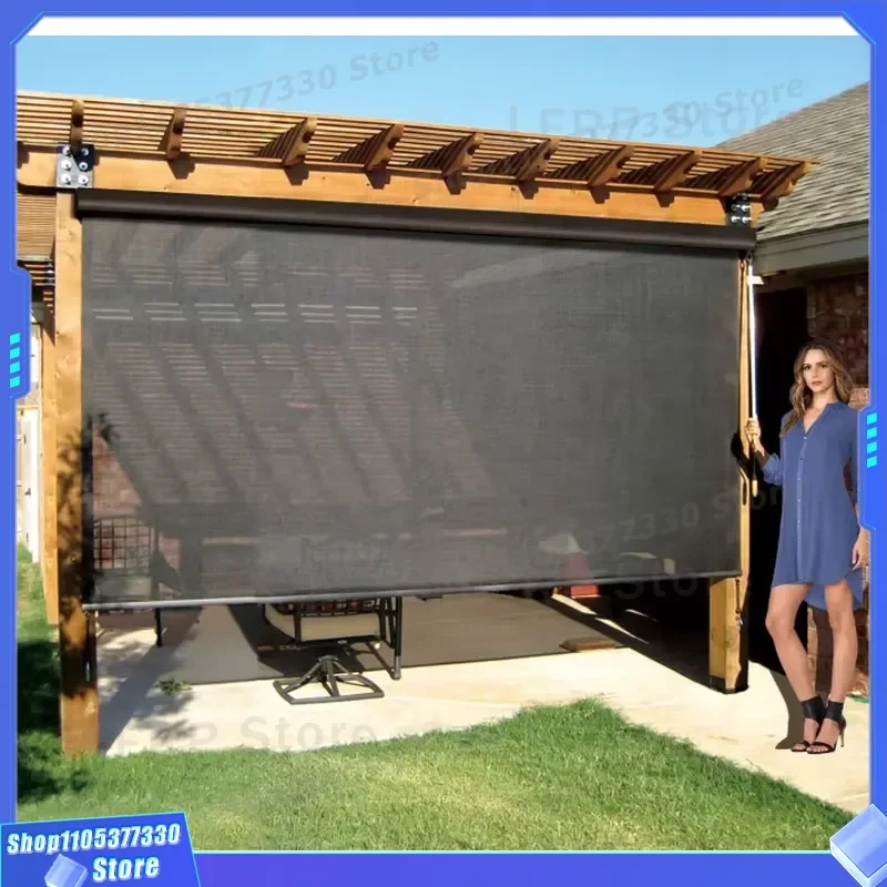 8x8ft HDPE Retractable Roller Shutter Awning Outdoor Solar Shading Screen Sun Protection Cover for Patio Garden Terrace Use