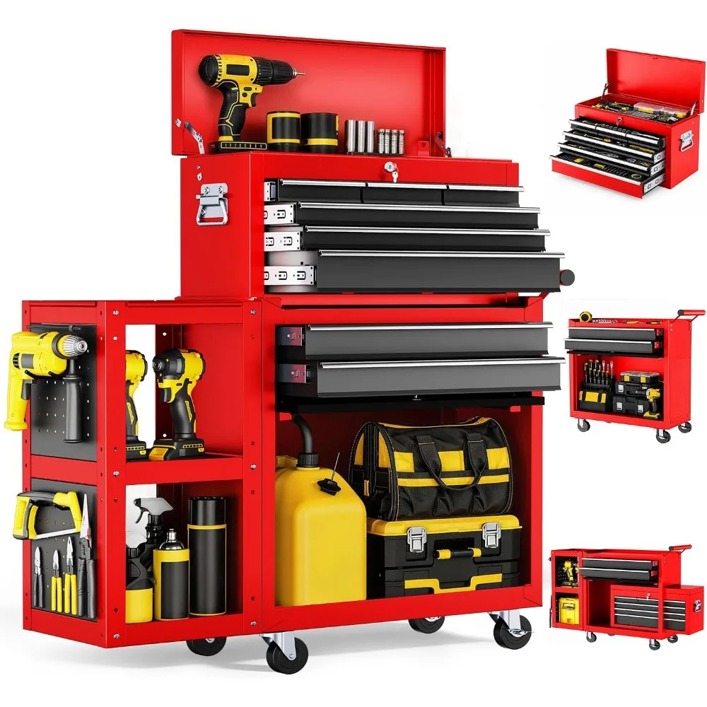 8-Drawer Rolling Tool Chest, Metal Cabinet, Wheels, Locking Drawers, Detachable Top for Garage and Warehouse