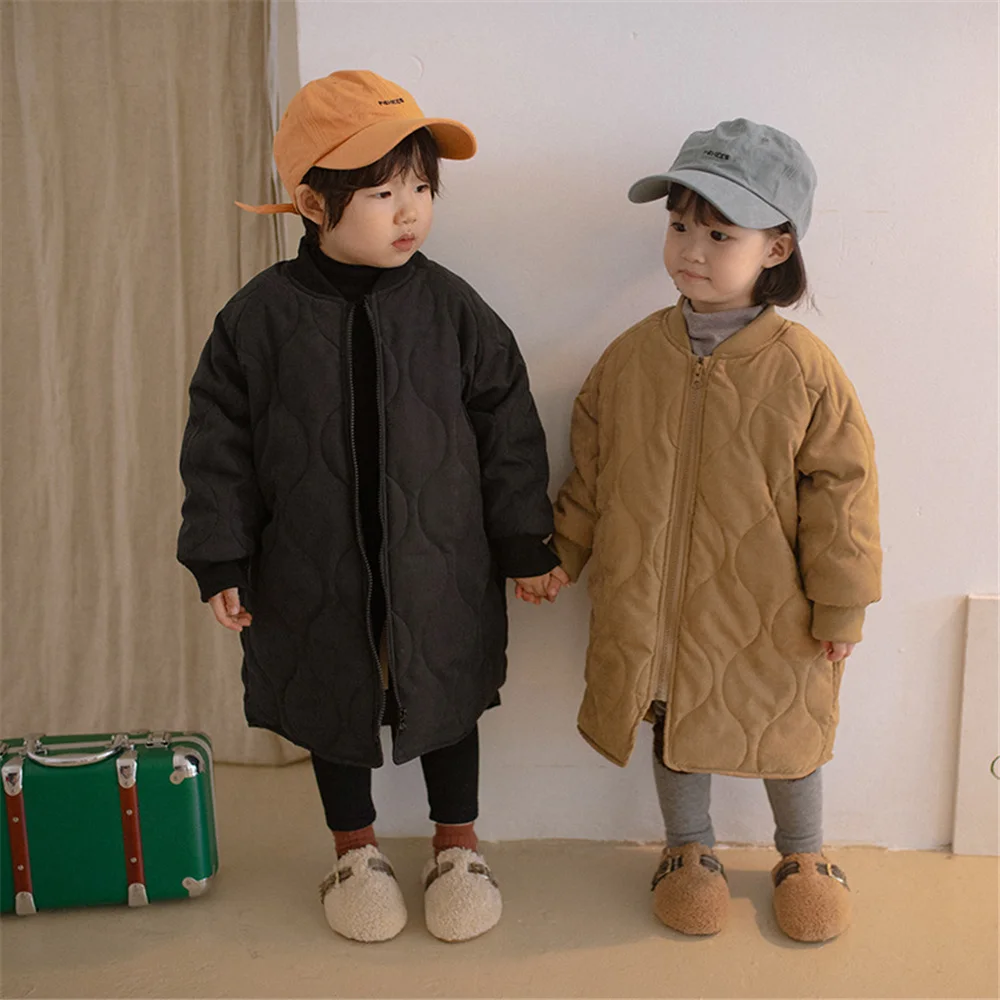 

2023 New winter children fashion casual mid-length quilted coats boys and girls thick warm long trench outerwear