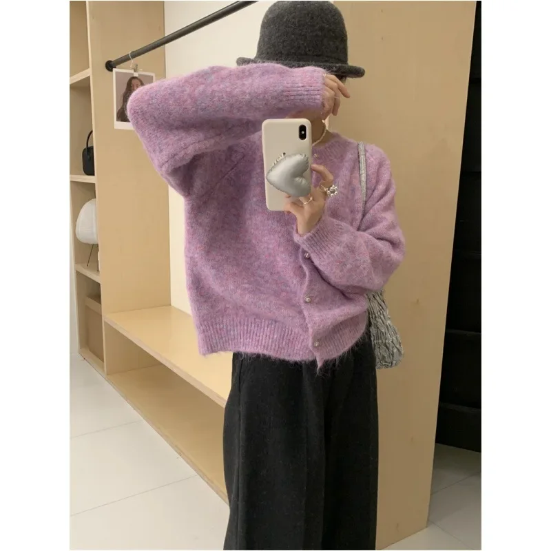 Gentle Wind Hairy Crewneck Sweater Cardigan Woman 2024 Autumn/winter Korean Simple Single Breasted Soft Waxy Knit Coat