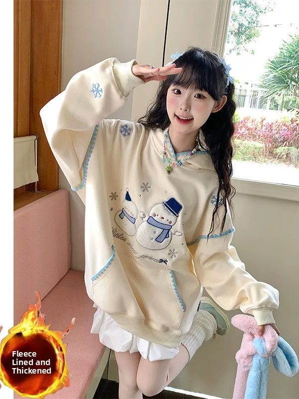 

Утепленная флисовая толстовка с капюшоном, женская свободная куртка-снеговик в корейском стиле, осенне-зимняя новинка