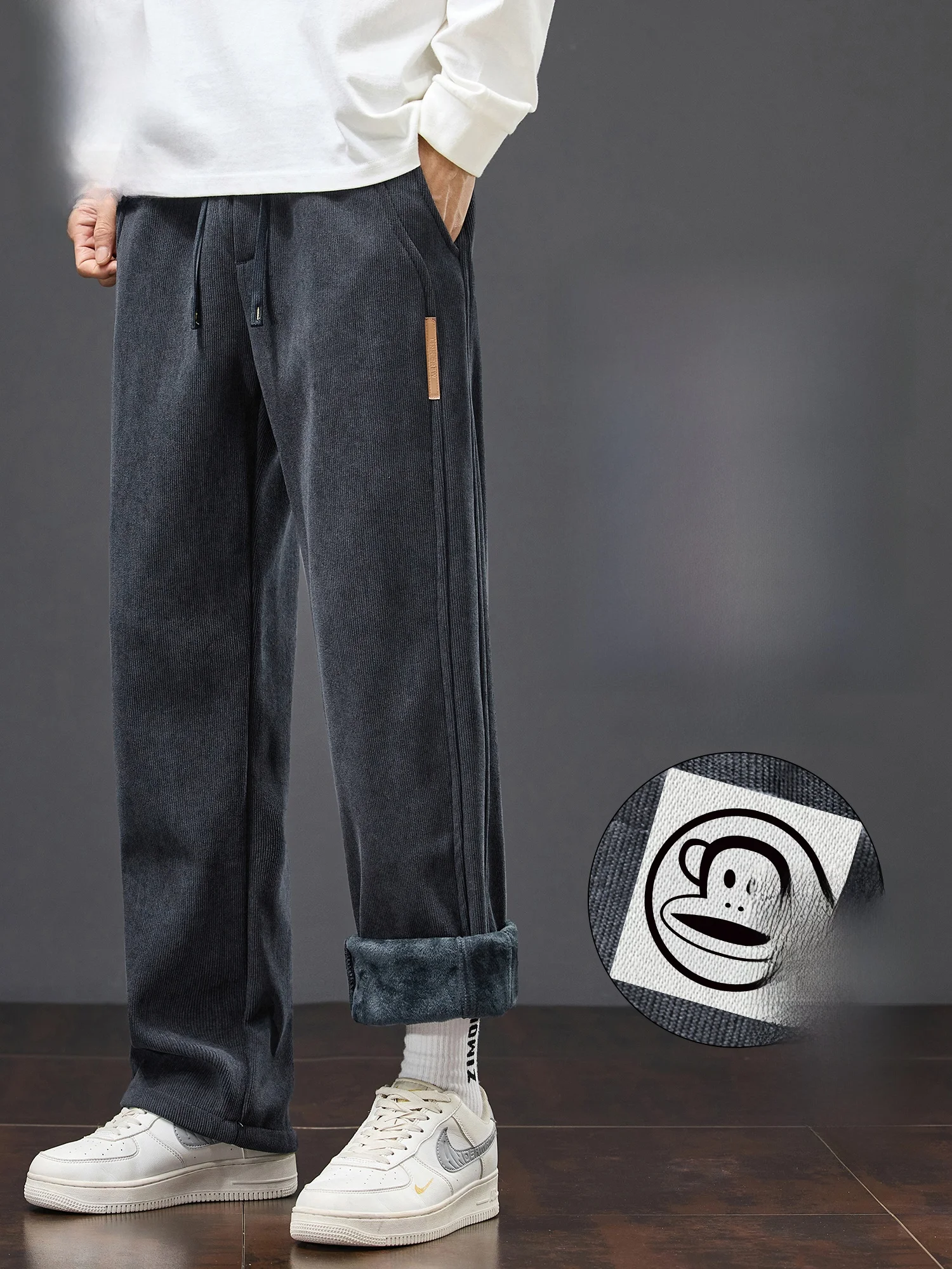 

PaulFrank Men's Corduroy Casual Pants Spring Loose Fit Fce Lined Warm Straight Leg Monkey Face Design Polyester Cotton Blend