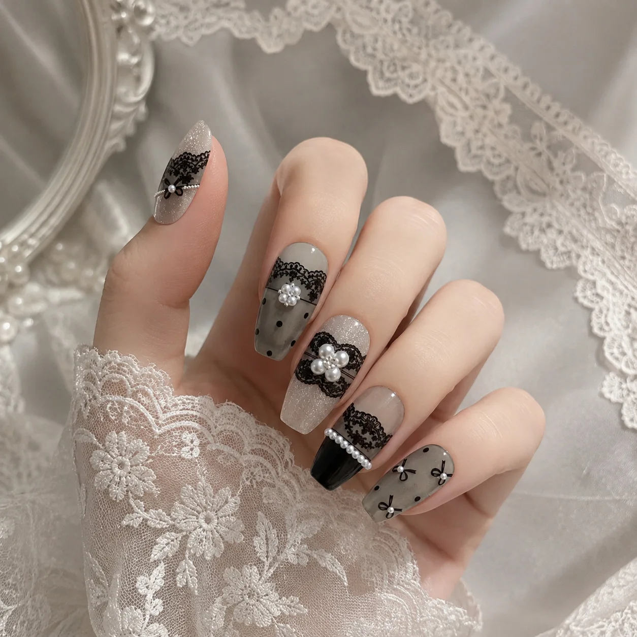 Versatile Black And White Lace Bow Flower High Quality Adhesive Nail Stickers Art Decorations Decals Design MS-1079