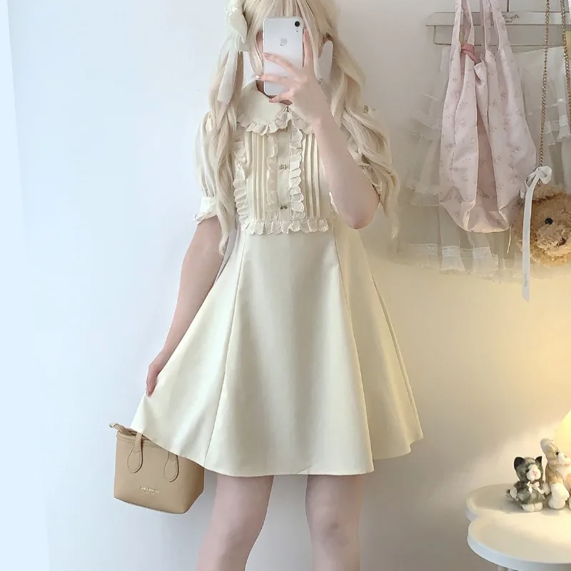 

Vintage Elegant Lolita Mini Dress Women Japanese Sweet Ruffles Peter Pan Collar Princess Dresses Korean Summer Party Fairy Dress