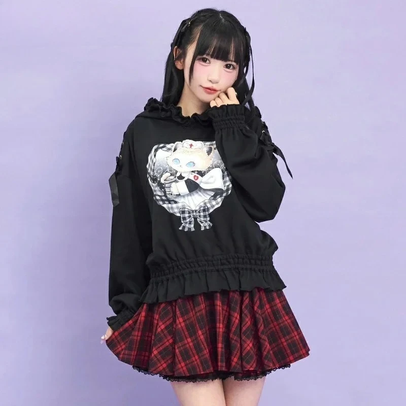 

Новинка 2023 года, весенне-осенняя толстовка с милыми рюшами на талии для похудения, короткая повседневная свободная толстовка, модный топ с капюшоном в японском стиле