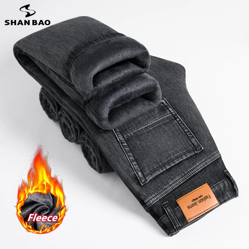 SHAN BAO 2022 Winter High Quality Cotton Stretch Slim Straight Denim Jeans Fleece Thick Warm Men's Business Casual Jeans Gray