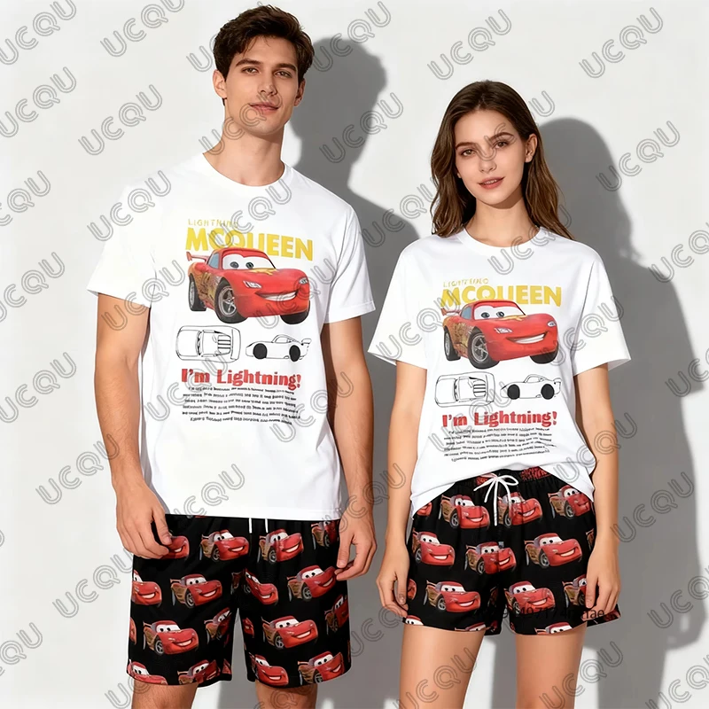 

2026 The Cars Lightning McQueen & Sally Printed Summer Men's T-shirt+Shorts Sets Casual Couples Suit Fashion 2 Piece Outfits