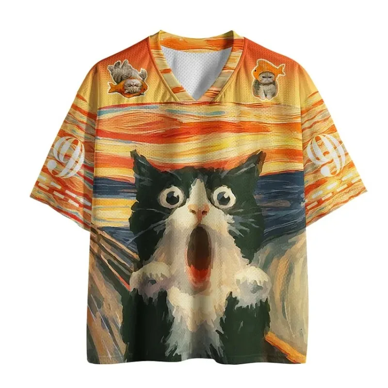 Monk Scream Fun Cat Ice Hockey Jersey Sunset Coast Four Kittens Art Graffiti Loose Top