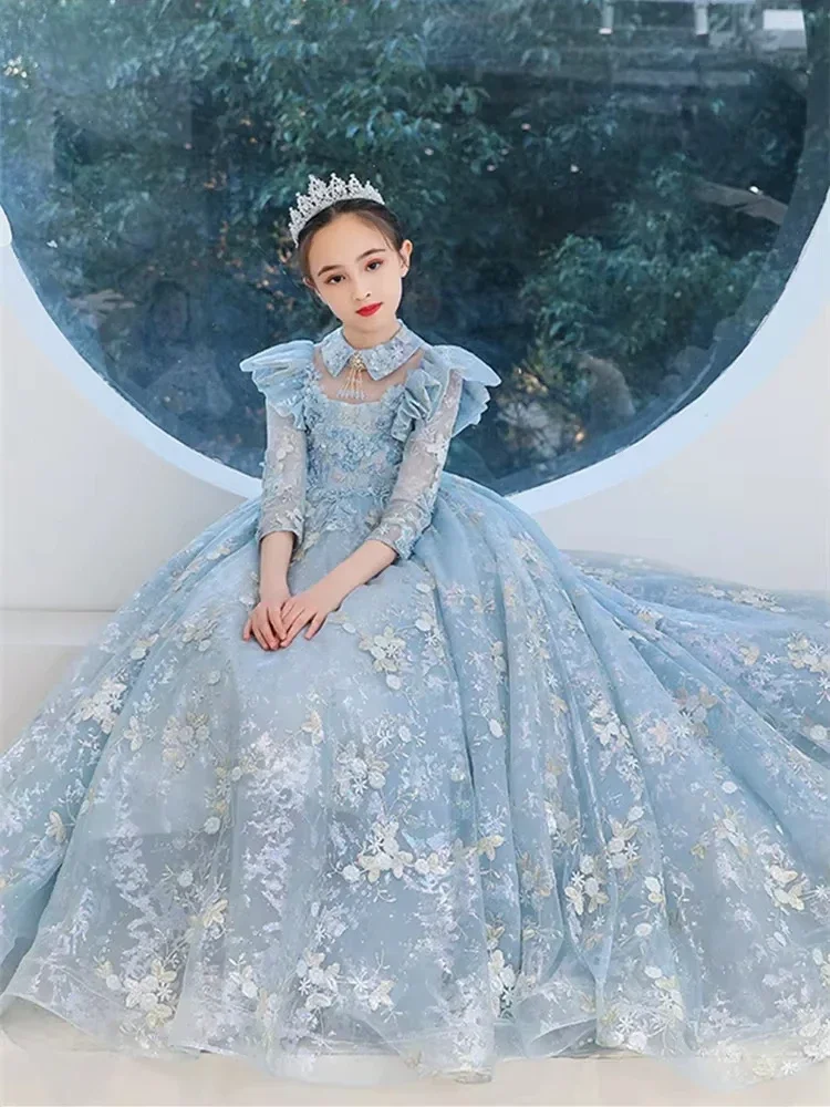 Flower Wedding Embroidery Dresses Girls First Communion Dress Kid Piano Performance Vestido Children Elegant Pageant Ball Gown