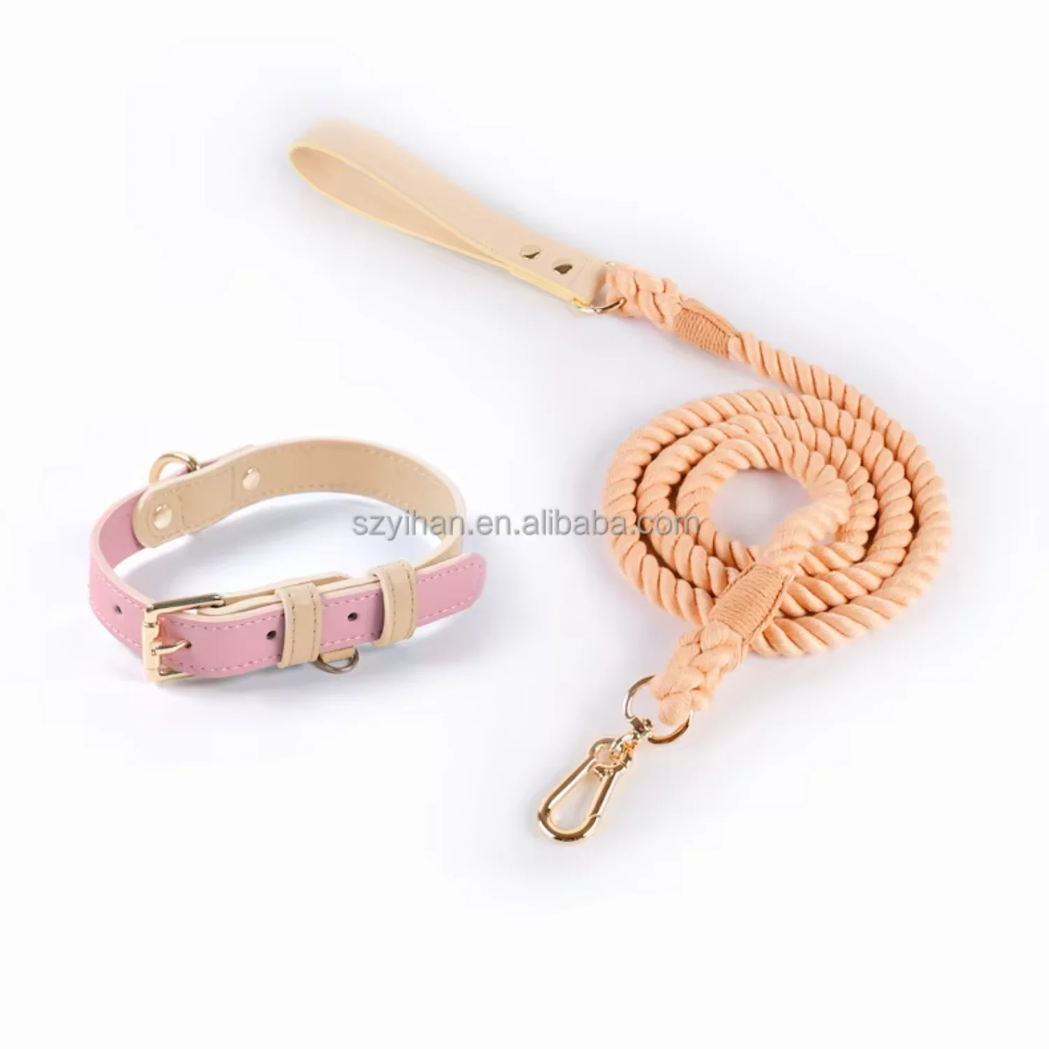 Pet Products Dog Collar Leash Genuine Leather and Cotton Rope Pet Leash Collar Dog Accessories Retail and Wholesale