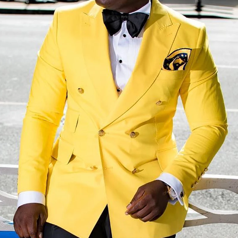 Yellow Double Breasted Men Suits for African 2 piece Slim fit Prom Wedding Tuxedo Groomsmen Set Blazer with Black Pants Fashion