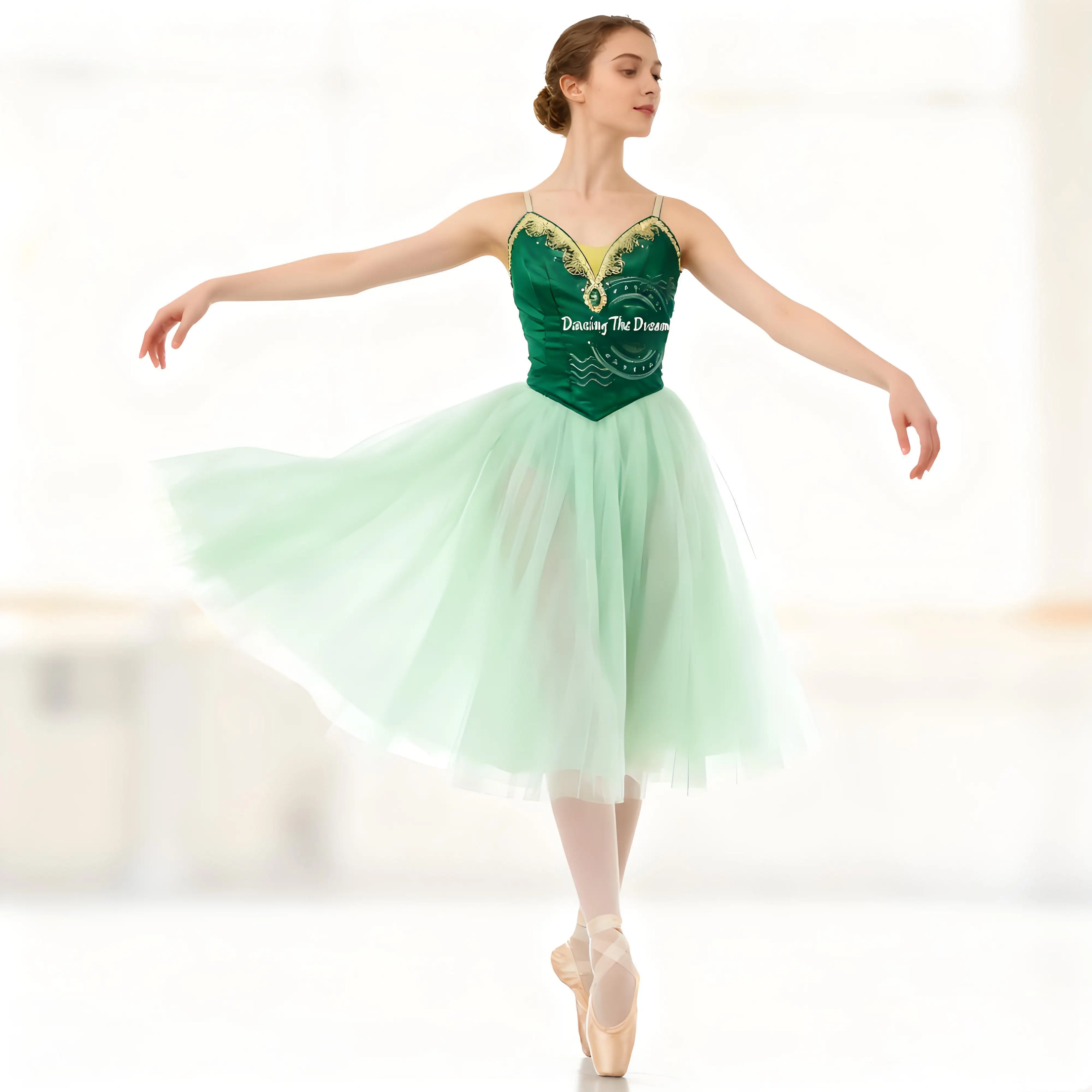 

Dark Green Satin Bodice Ballet Dress with Light Tulle Skirt Vintage-Inspired Glorious Green Ballet Costume for Women