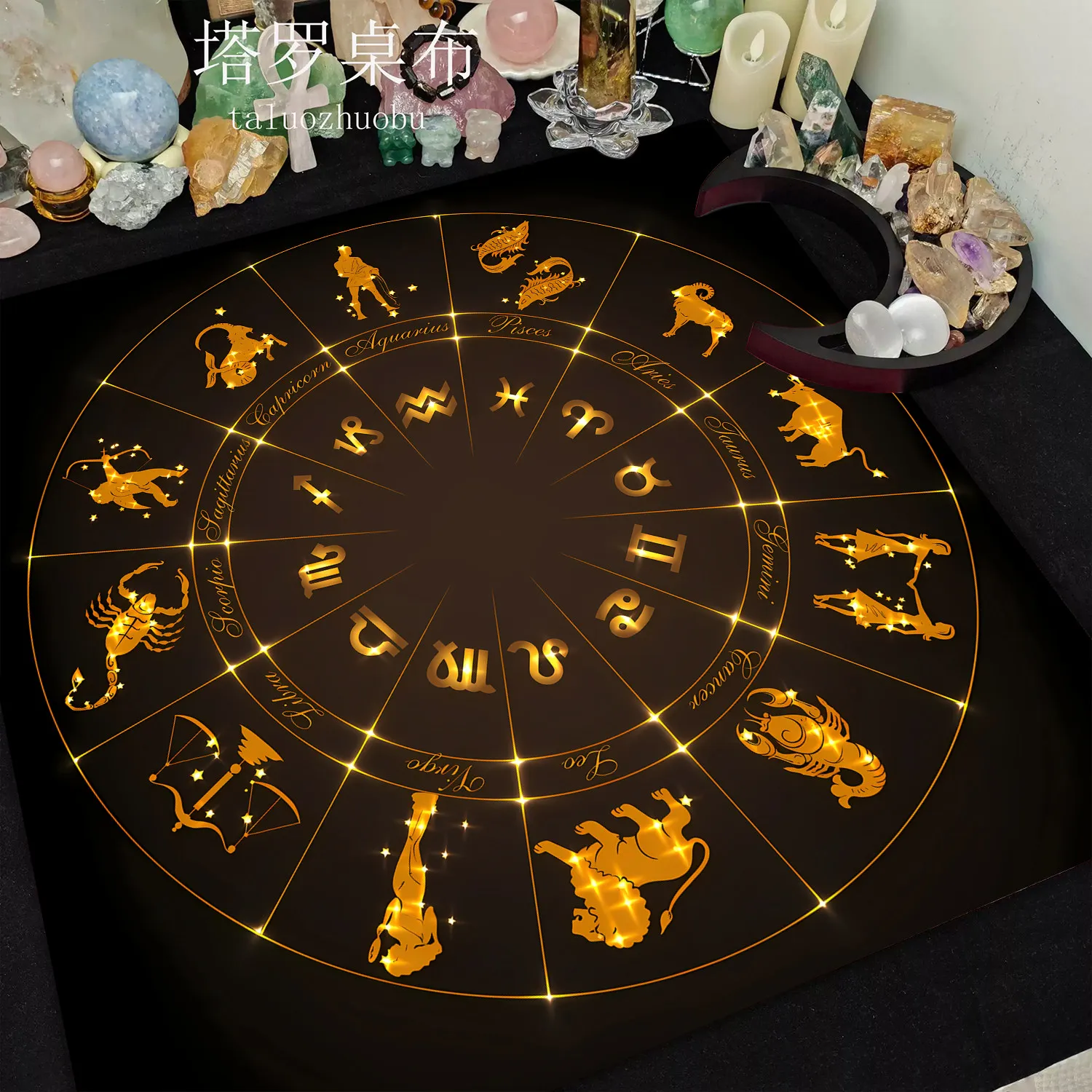 VIKAMA Astrology Clock & Zodiac Wheel Tarot Tablecloth, 6 Designs, Square Velvet Altar Cloth for Divination