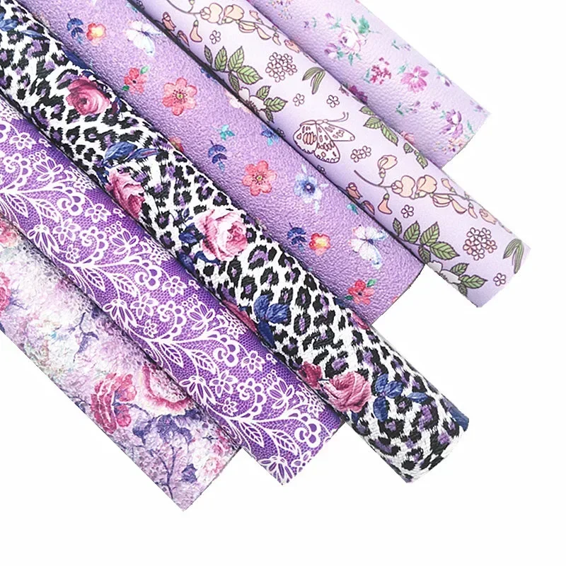 Lilac Synthetic Leather Fabric Sheets Flowers Leopard Butterflies Printed Faux Leather Sheets for DIY Craft 8.2