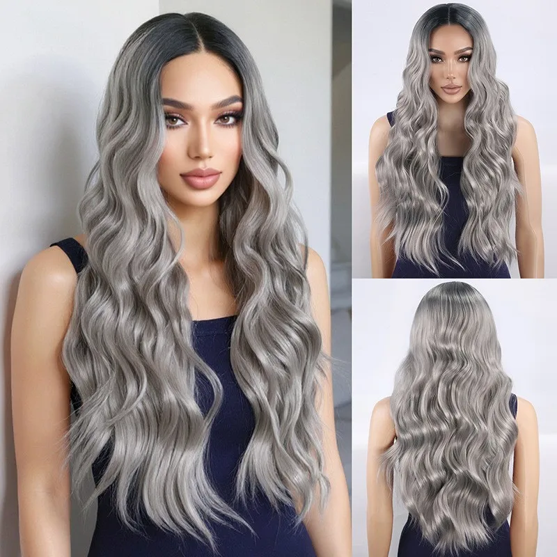

Women's Wig Long Curly Wig Dark Grey Ladies Synthetic Wavy Hair Wig+Wig Cap