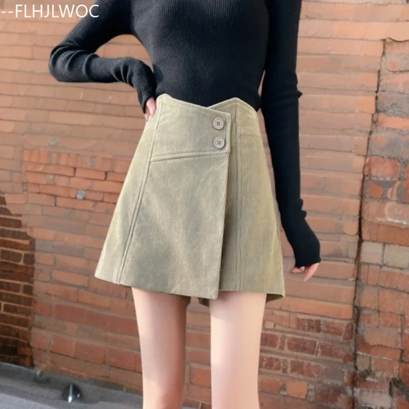 

Вельветовые юбки, шорты, брюки, новая мода, осенние женские универсальные милые однотонные шорты трапециевидной формы с высокой талией для девочек