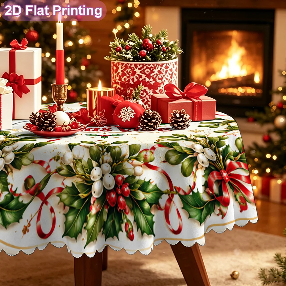 1 round tablecloth, Christmas mistletoe plate pattern table cover