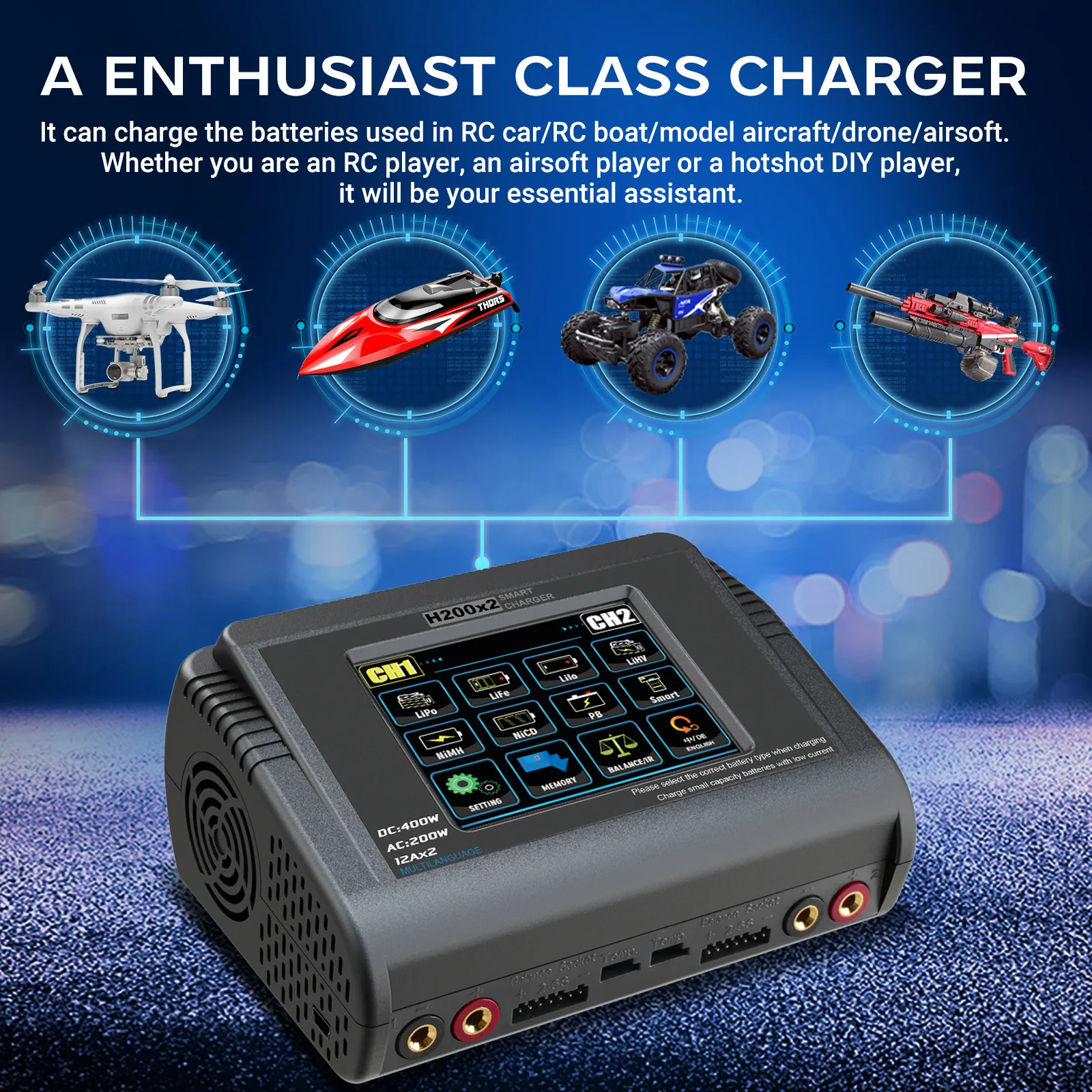 

H200X2 Model Aircraft Charger B6 Balance Charger Smart Charger LIPO Touch T400 Charger HTRC
