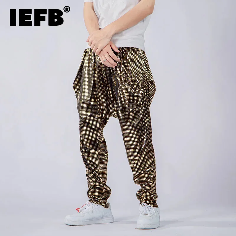 

IEFB New Autumn Men's Pants Casual Dot Glossy Straight Leg Soldi Color Harem Trousers Pleated Personlity Bottom Autumn 9C7101