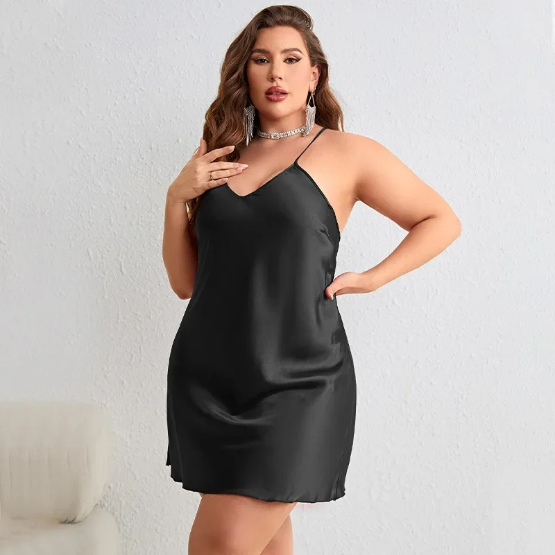 Plus Size Silk Satin Women Nightgown Solid Sleeveless Cross Back Sleepwear Sexy V Neck Female Nightwear Homwear Clothing