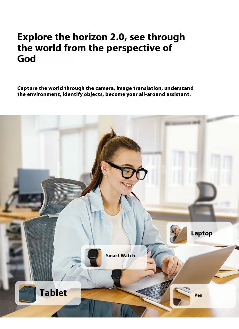 写真撮影、AI翻訳認識、Bluetooth通話、音楽再生機能付きスマートグラス