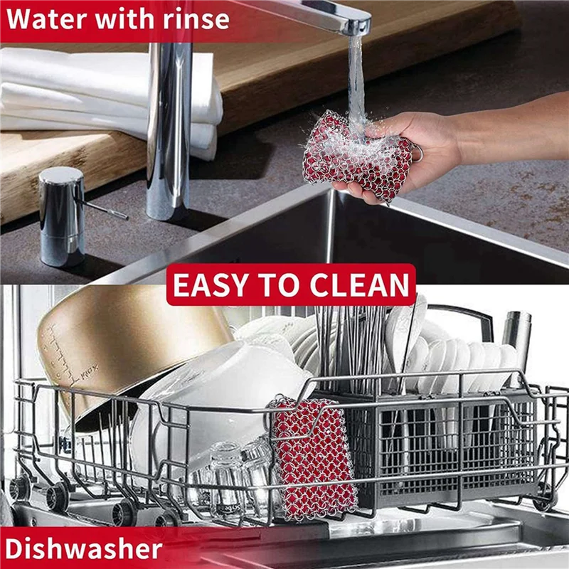 AB33-4X Cast Iron Skillet Cleaner,316 Stainless Steel Chainmail Cleaning Scrubber Silicone Scrubber,For Kitchen Cookware(Red)