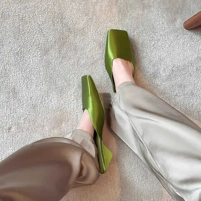 Fashion Satin Women's Mules with Heels Summer Sexy Square Toe Strange Low Heel Slide Sandals Elegant Comfort Dress Slippers view 6