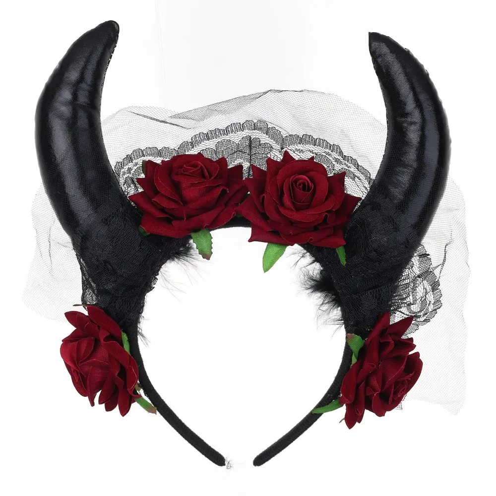 

Flowers Design Halloween Cow Horns Headband Lace Trim Fashion Sheep Horn Headband Unique Red Rose Headband Cosplay