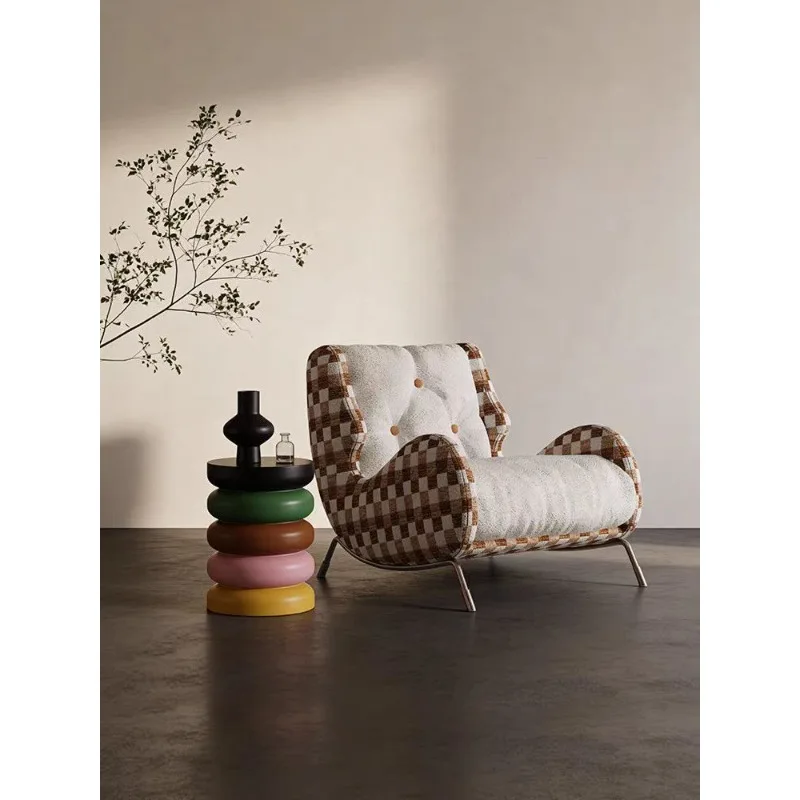 Medieval leisure chair lazy chair retro homestay living room balcony designer creative checkerboard single sofa chair