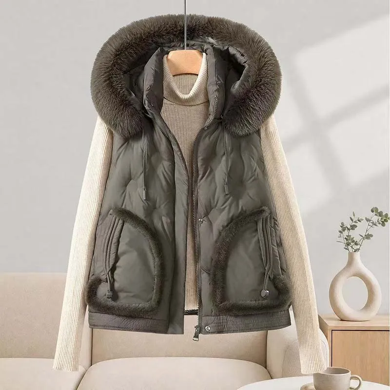 Fashion Cotton-padded Vest 2026 Women's Detachable Hooded Waistcoat Autumn Winter Big Fur Collar Sleeveless Jacket Warm Coats
