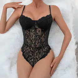 Combinaison une pièce cintrée en dentelle pour femmes, combinaison transparente, coupe couvertes, lingerie