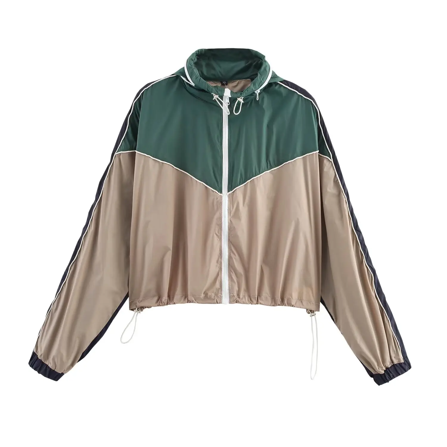 BSAY 2026 Arrival Women Vintage Color Block Versatile Cropped Hood Windbreaker Matching Drawstring Jogger Pants Sports Tracksuit