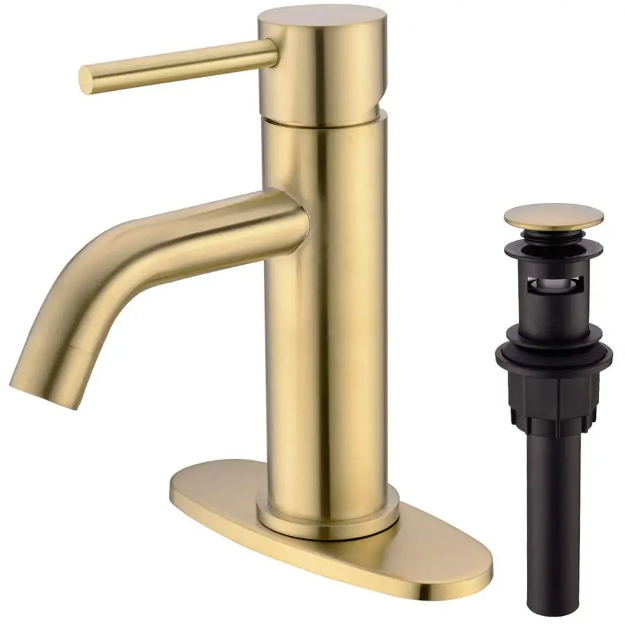 

Single Hole Brushed Gold Bathroom Faucet, Modern Brass Faucet for Bathroom Sink, 6 Deck Plate and Overflow Pop Up Drain Include