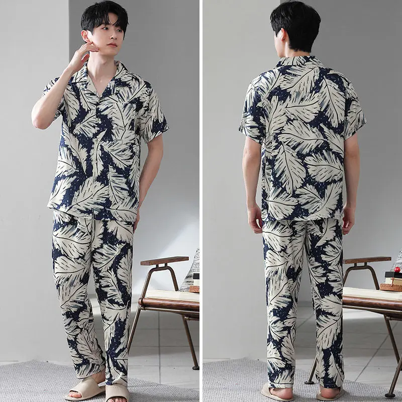 Summer New Men's Pajamas Ice Silk Short-sleeved Trousers Cardigan Set Silk Loose Can Be Worn Outside Large Size Loungewear