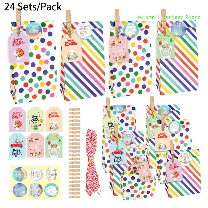 R3MA DIY Easter Gift Paper Bags Set include Bag Clips Stickers Hanging Tags Rope