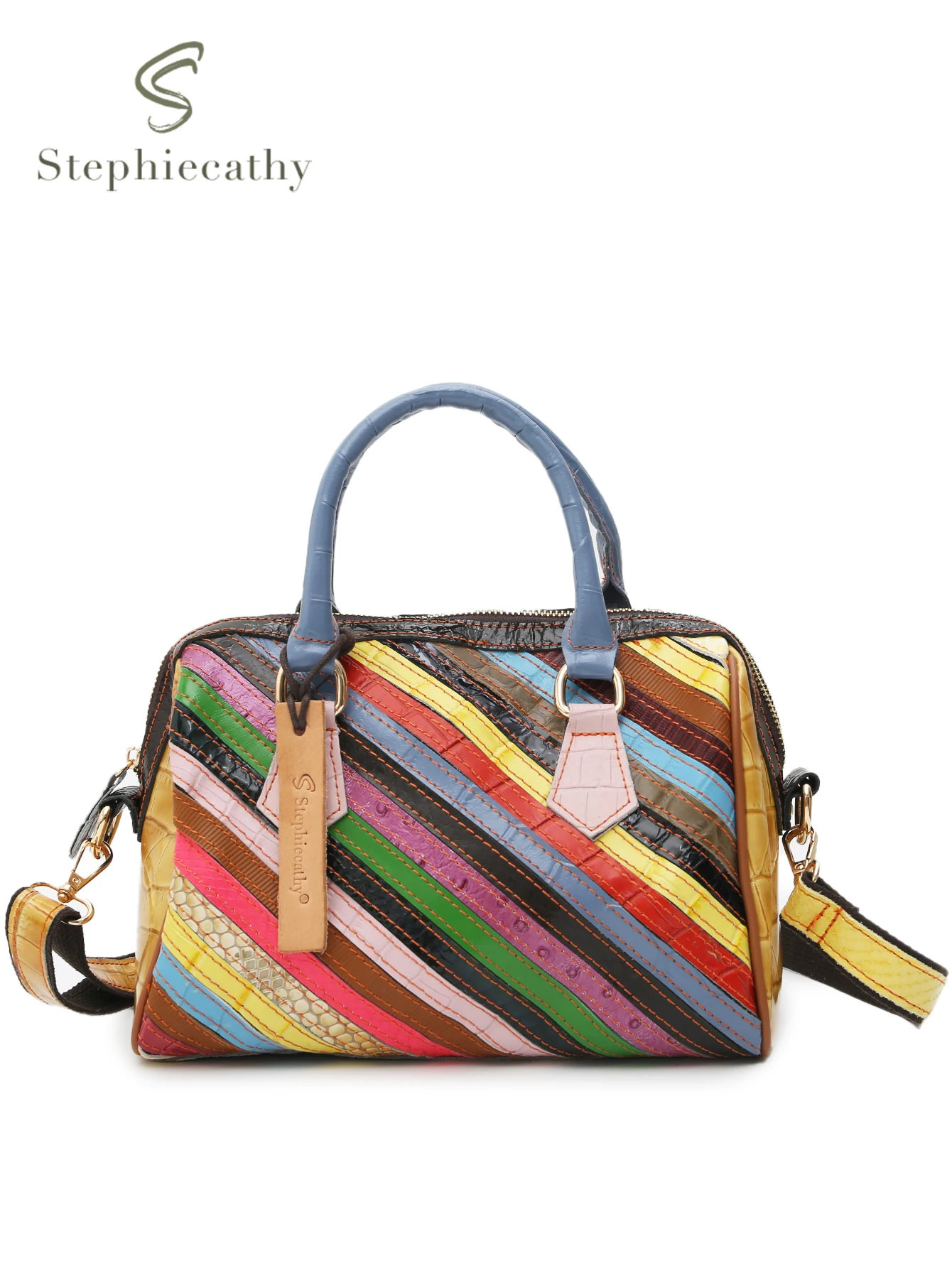 SC Random Patchwork Series Handbag Women Retro Colorful Genuine Leather Top-handle Bags Casual Stripes Boston Shoulder Crossbody