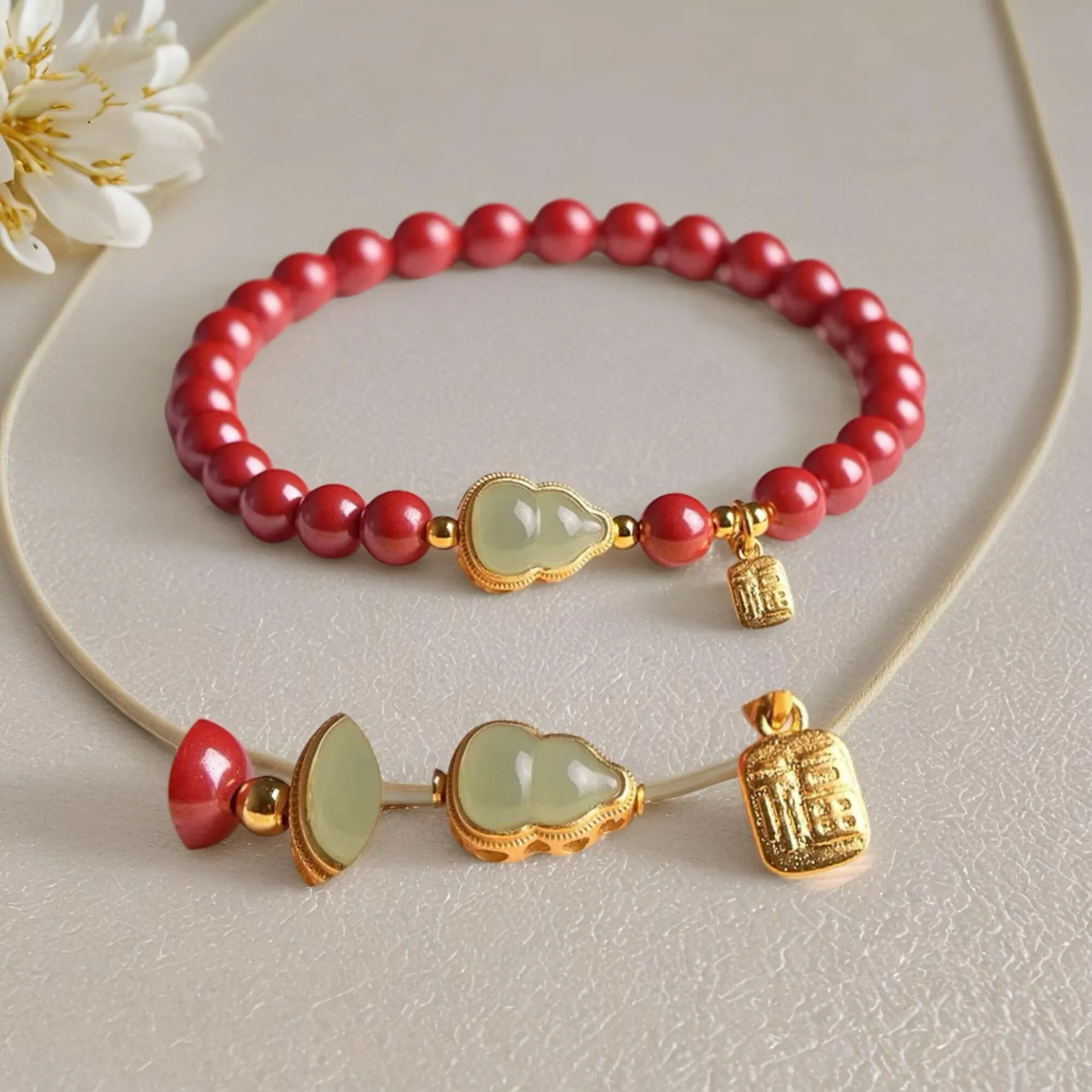 High Content Cinnabar Single Loop Bracelet For Women Natural Hetian Jade Gourd Imperial Cinnabar Vintage Style Jewelry Gift