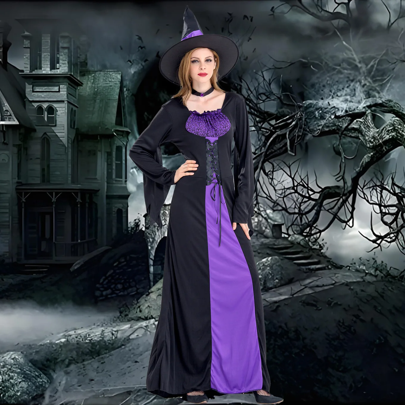 

Gothic Witch Costume for Women - Elegant Vampire Witch Dress with Cape for Halloween & Cosplay