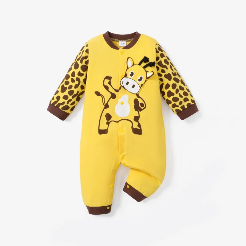 

PatPat 100% Cotton Giraffe Print Long-sleeve Yellow Baby Jumpsuit