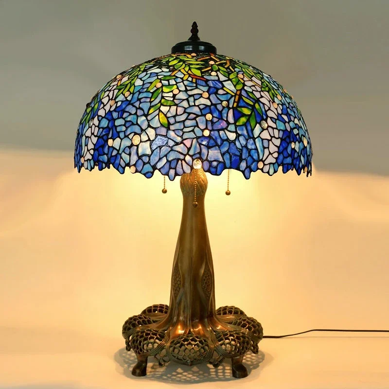 Tiffany Desk Light Grape Wisteria Vival Cherry Stained Glass Table Lamps Cast Copper Antique Hollow Out 22Inch Frame