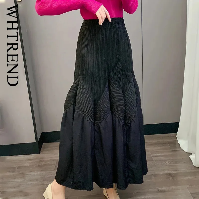 WHTREND jupe plissée à la main automne nouveau Style taille élastique Patchwork élégant ample polyvalent jupe pliante WH1089