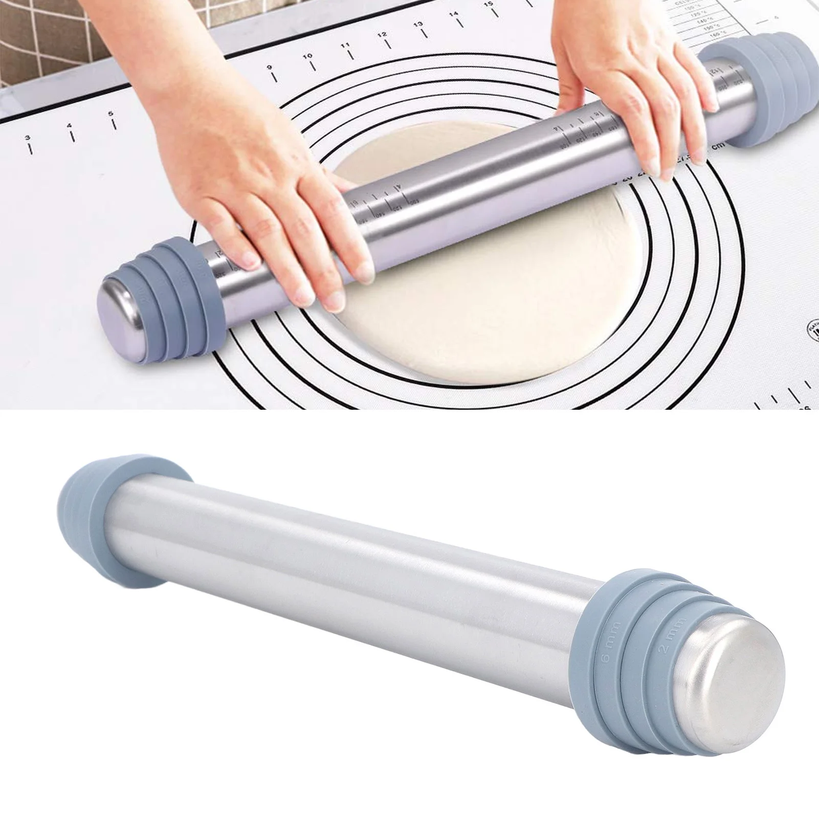 Rolling Pin Dough Roller Stainless Steel with 4 Silicone  Rings Anti Stick Anti Slip Kitchen Rolling Tool Kitchen Roller