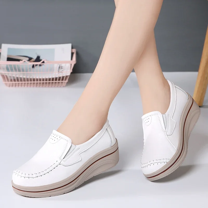 Genuine Leather Thick Bottom Casual Sneakers Women Height Increase Waterproof Loafers Ladies Slip-on Moccasins Flatform Wedges