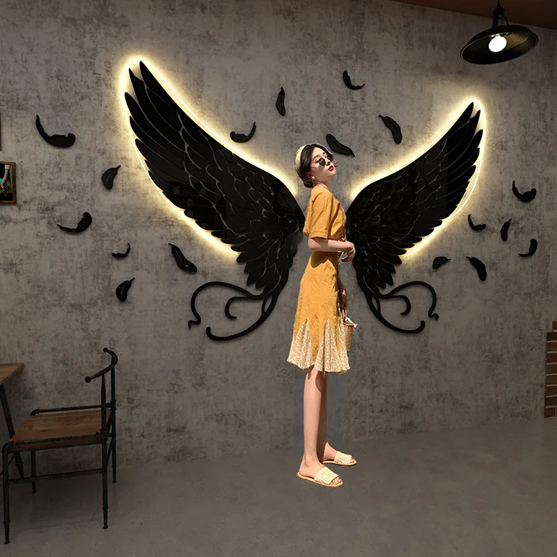 

Angel wing background wall sticker Mirror acrylic self-adhesive wall stickers with Decorative lights party wall decoration