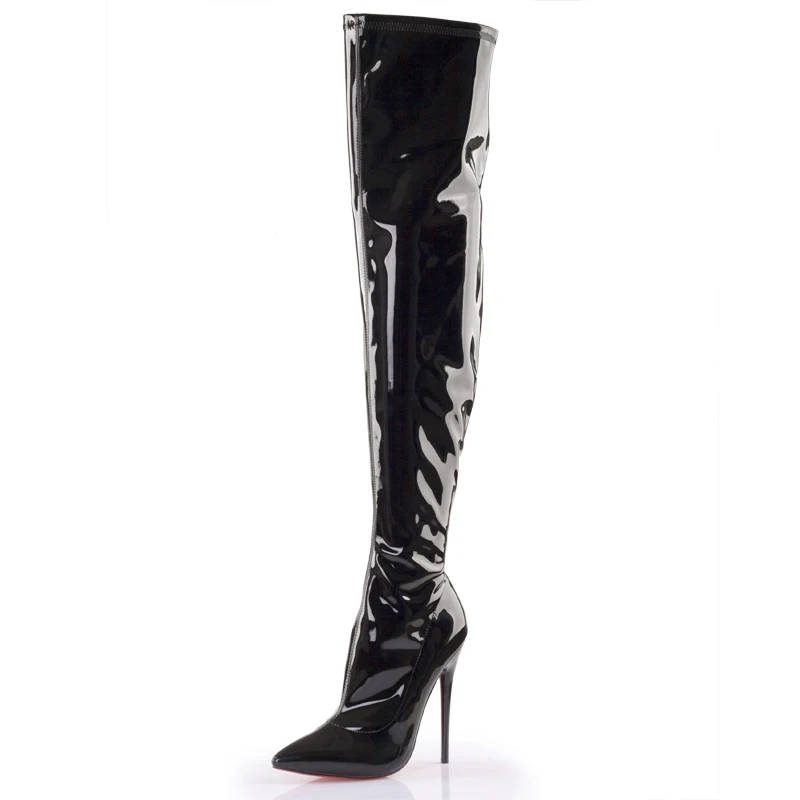 16cm High Heels Women Thigh Boots,Fetish Pole Dance Shoes,Patent Leather Over The Knee Botas,Pointed Toe,Side Zip,Custom Colors